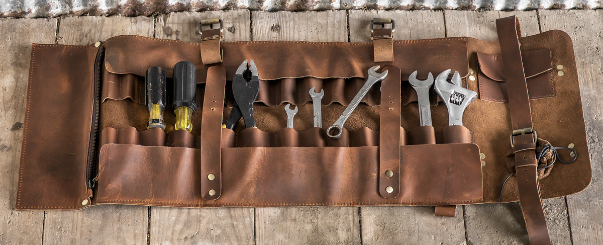 Cole Wheeler leather tool roll with tools inside